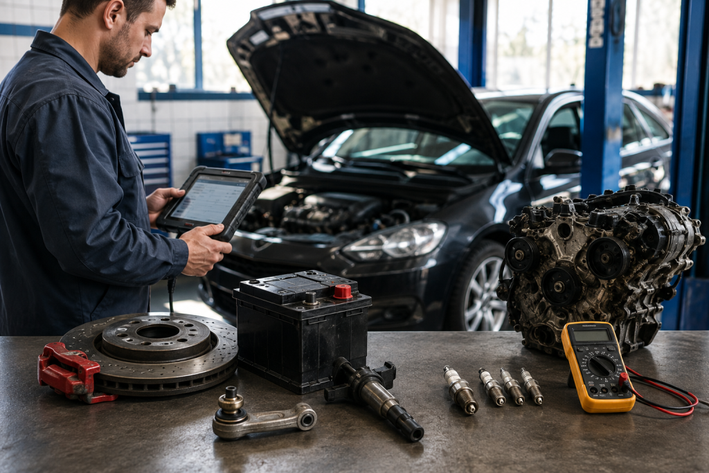 Автомеханік проводить комп’ютерну діагностику автомобіля на СТО за допомогою професійного обладнання