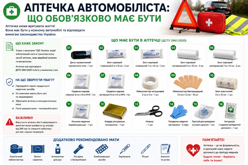 Інфографіка про обов’язковий склад автомобільної аптечки та необхідні засоби першої допомоги