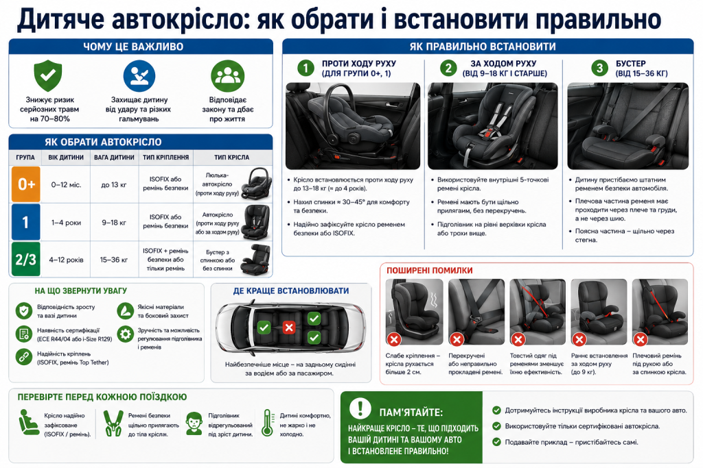 Інфографіка про вибір дитячого автокрісла за віком і вагою та правильне встановлення в автомобілі