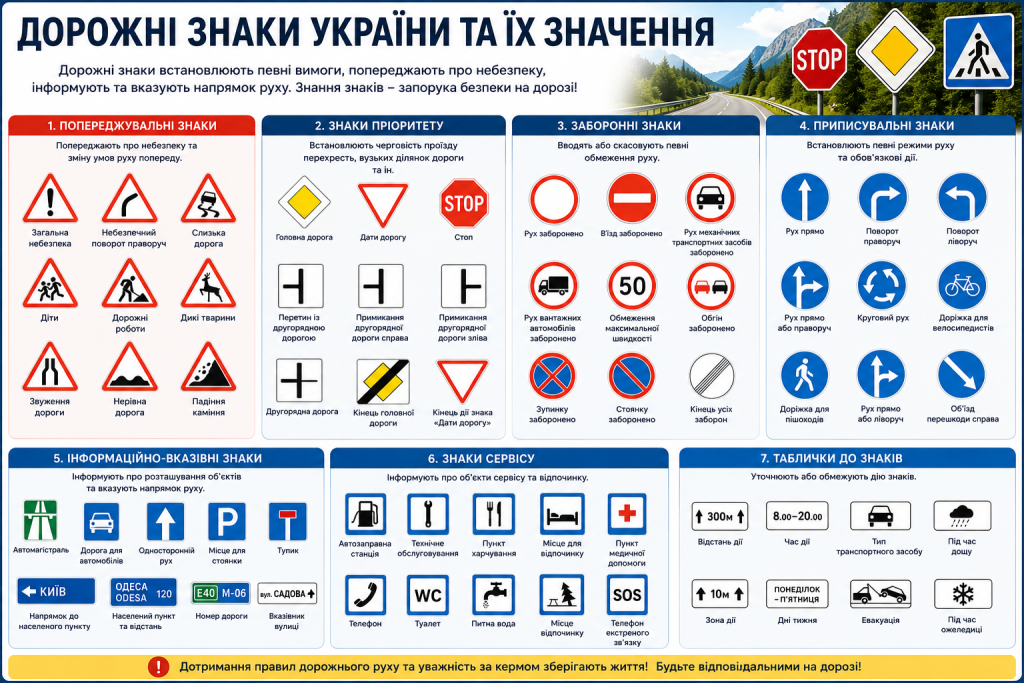 Інфографіка з основними дорожніми знаками України та поясненням їх значення
