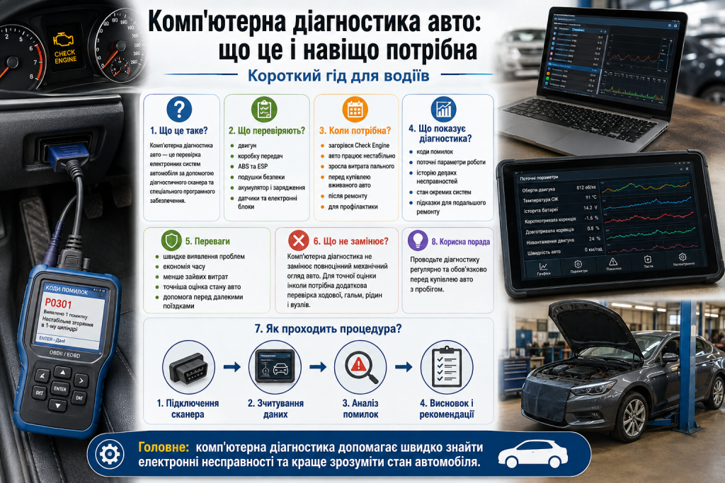 Інфографіка про комп’ютерну діагностику автомобіля, перевірку помилок і електронних систем