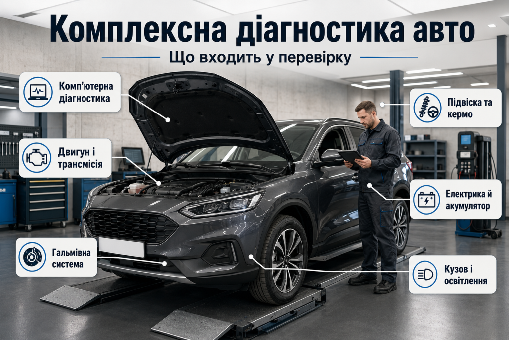 Інфографіка комплексної діагностики автомобіля з перевіркою двигуна, трансмісії, гальм, підвіски, електрики та кузова