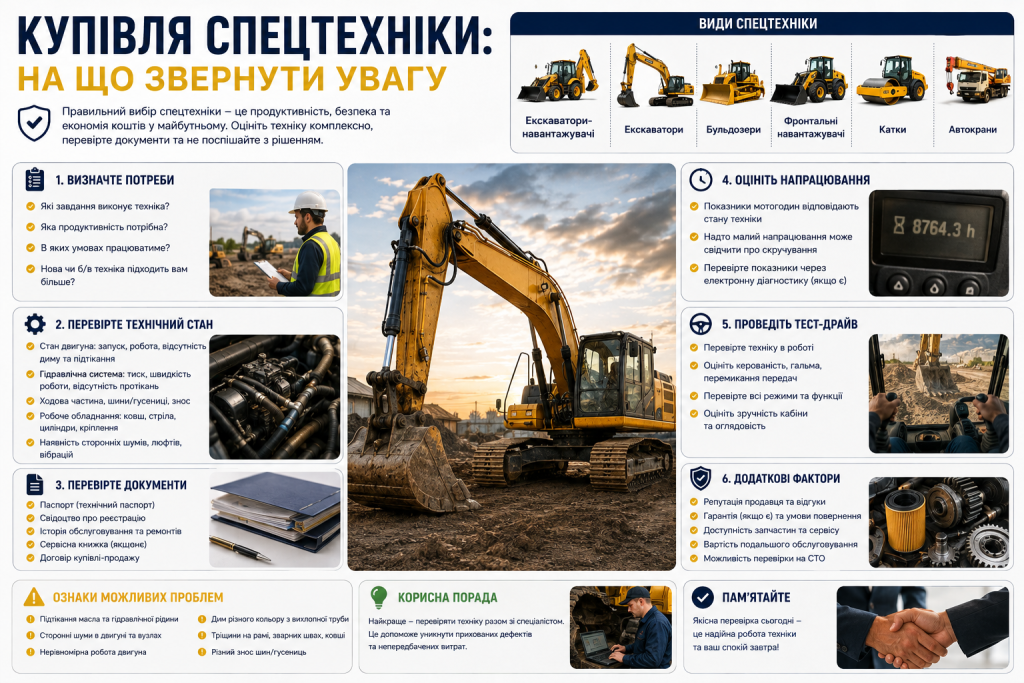Інфографіка про вибір і купівлю спецтехніки з перевіркою технічного стану, документів та напрацювання