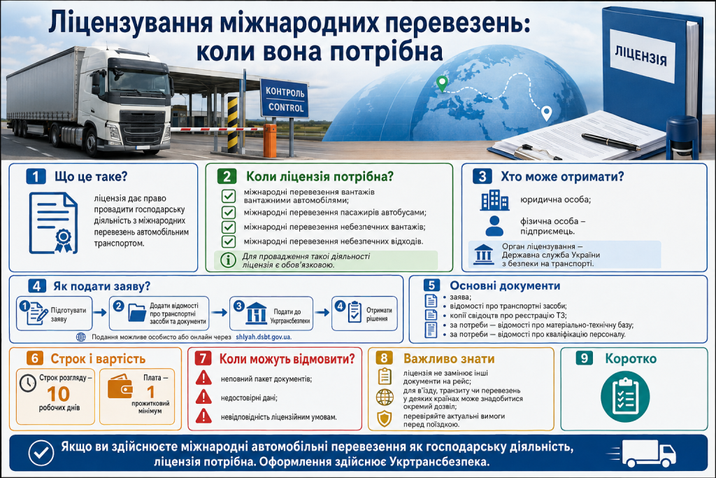 Інфографіка про ліцензування міжнародних автомобільних перевезень, документи та порядок отримання ліцензії