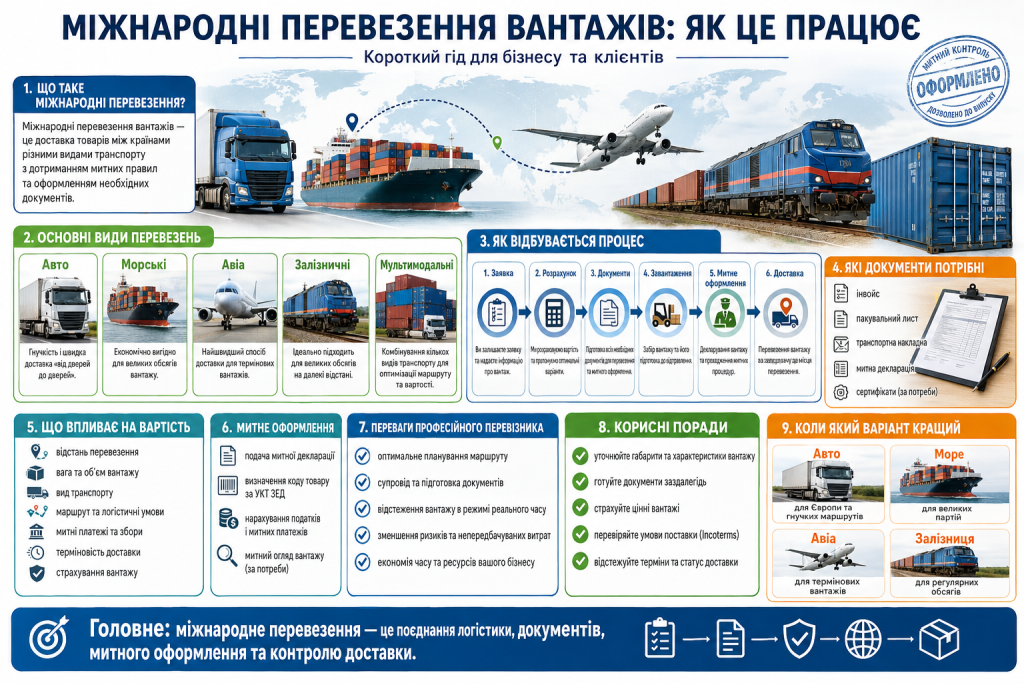 Інфографіка про міжнародні перевезення вантажів автомобільним, морським, авіаційним і залізничним транспортом