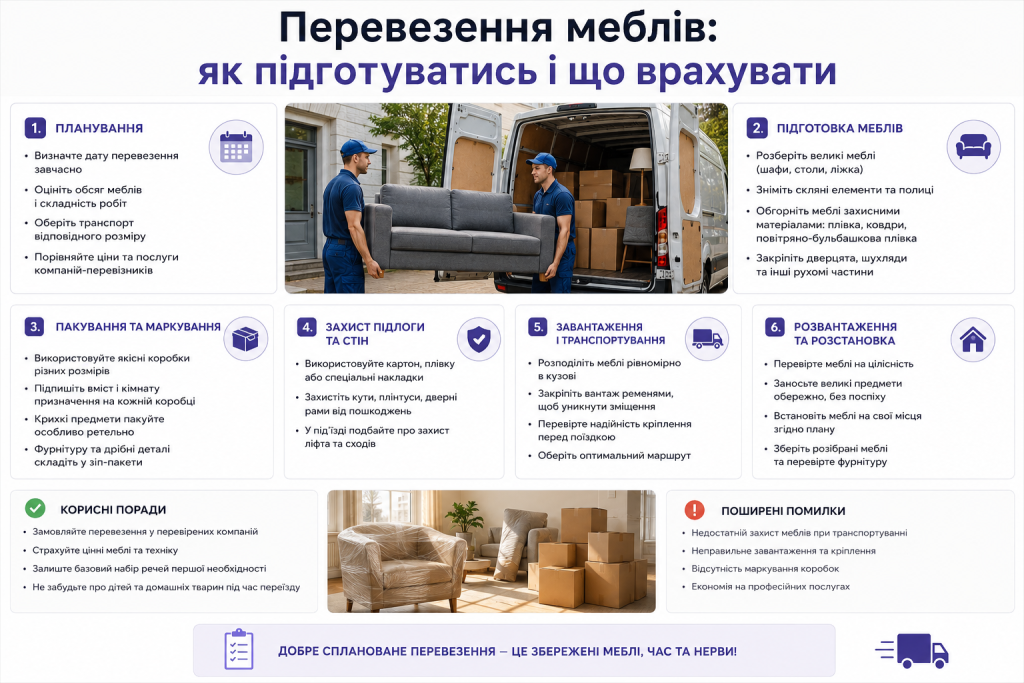 Інфографіка про підготовку меблів до перевезення, пакування, завантаження та розвантаження