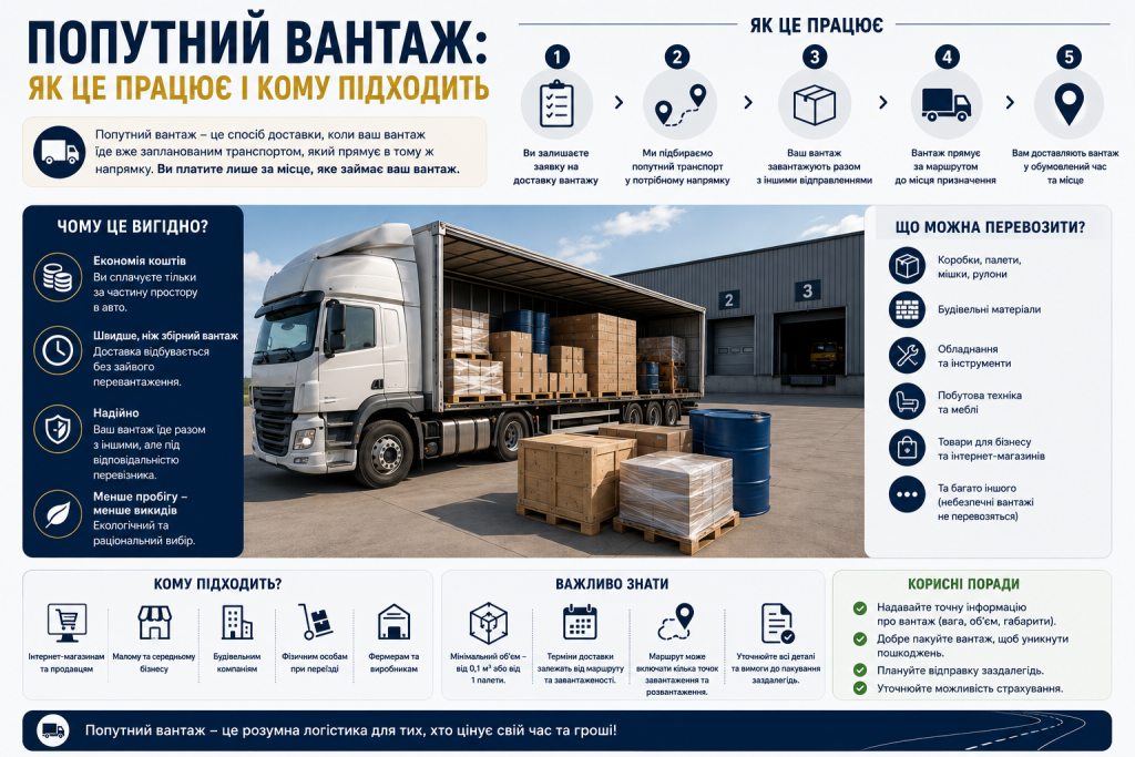 Інфографіка про попутні вантажні перевезення, їх переваги, принцип роботи та кому вони підходять
