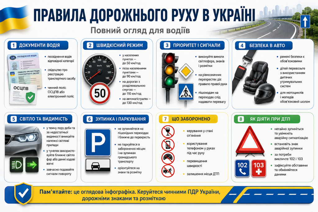 Інфографіка про основні правила дорожнього руху в Україні для водіїв