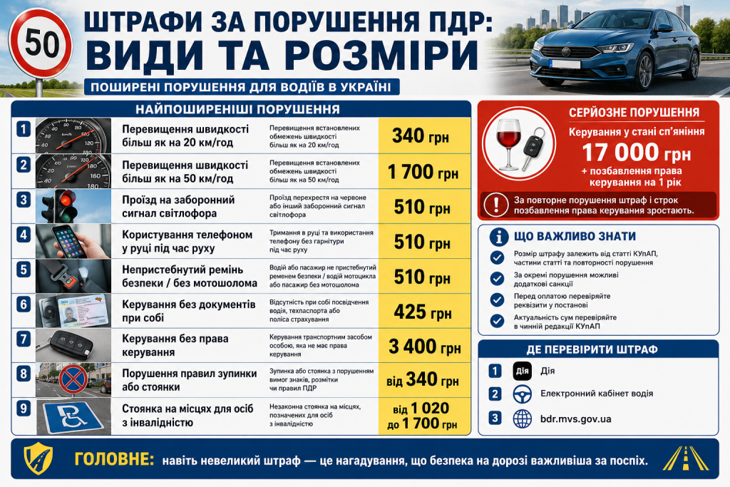 Інфографіка з основними видами та розмірами штрафів за порушення правил дорожнього руху в Україні