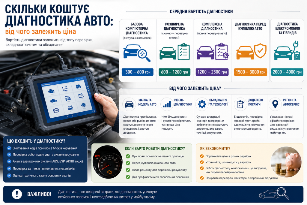 Інфографіка про вартість комп’ютерної діагностики автомобіля та основні фактори, що впливають на ціну