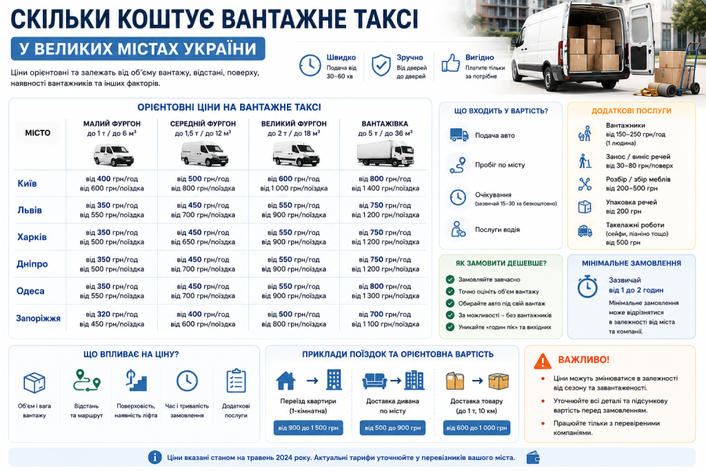 Інфографіка з орієнтовними цінами на вантажне таксі у великих містах України
