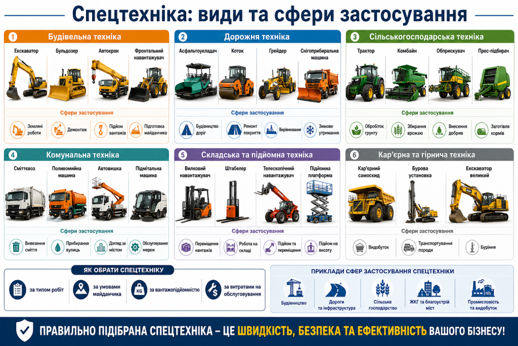 Інфографіка з видами будівельної, дорожньої, сільськогосподарської, комунальної та складської спецтехніки