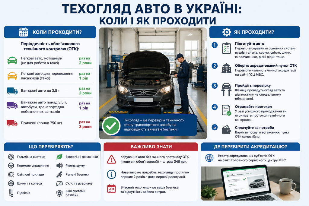 Інфографіка про техогляд автомобіля в Україні, строки проходження та основні етапи перевірки