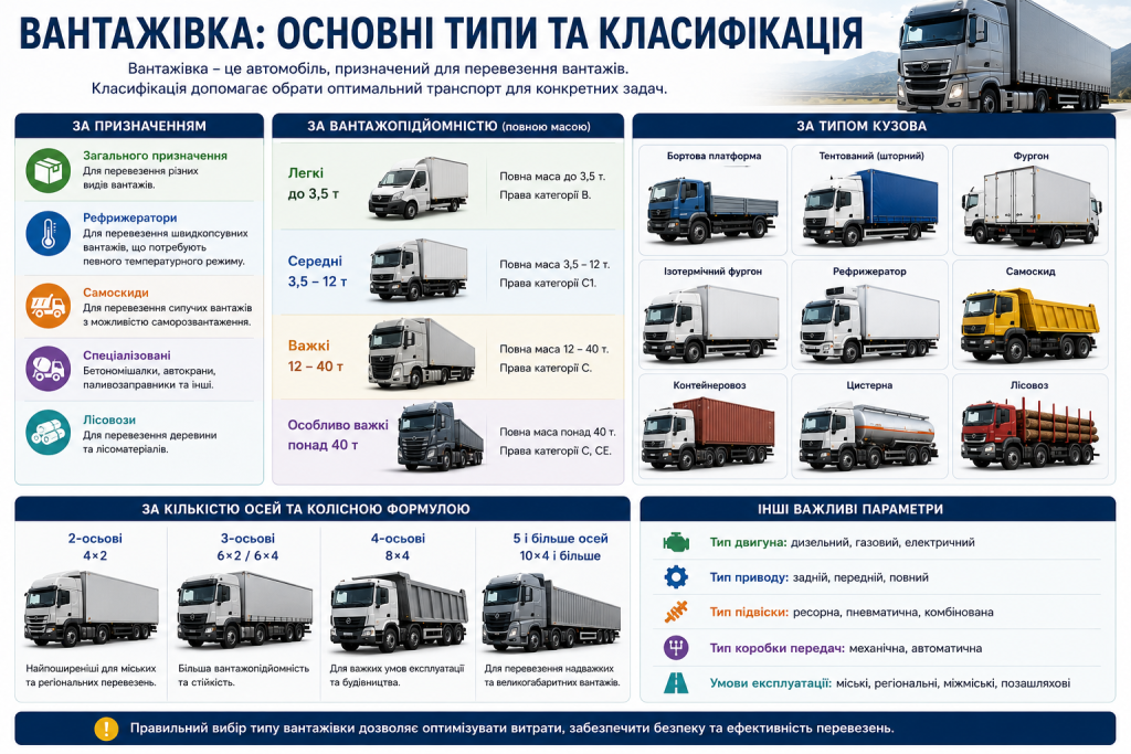 Інфографіка з основними типами вантажівок за призначенням, вантажопідйомністю та типом кузова