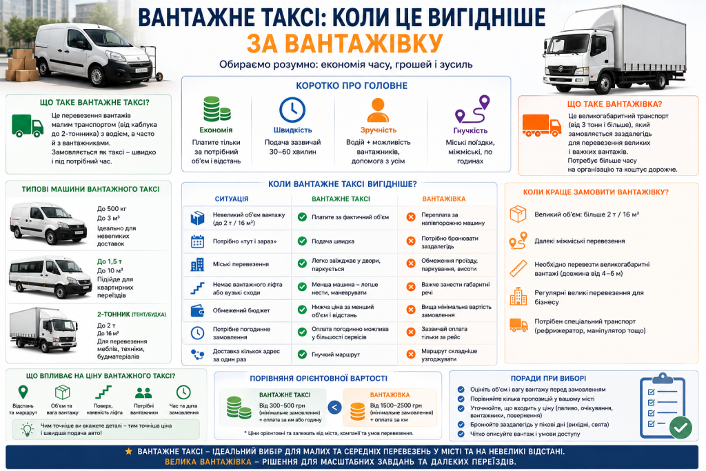Інфографіка про те, коли вантажне таксі вигідніше за велику вантажівку