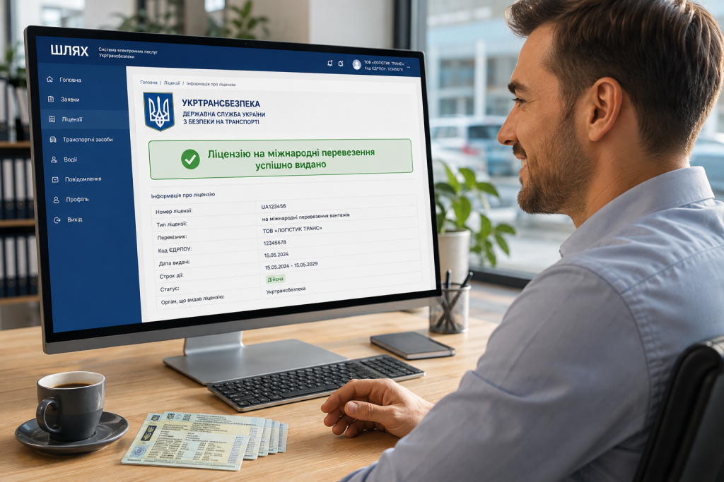 Власник транспортної компанії переглядає повідомлення про успішну видачу ліцензії на міжнародні перевезення