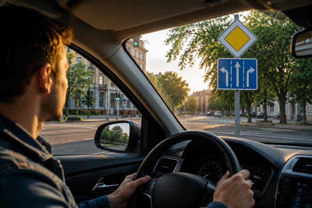 Водій автомобіля бачить знаки головної дороги та напрямків руху перед перехрестям