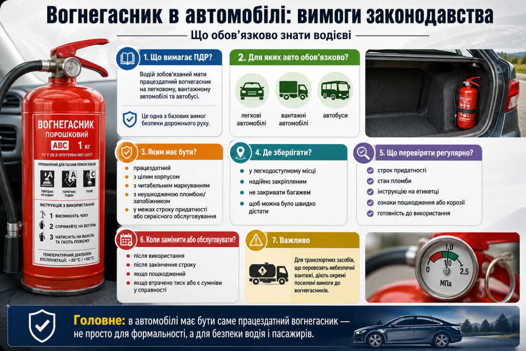 Інфографіка про вимоги до вогнегасника в автомобілі, його перевірку, зберігання та обслуговування