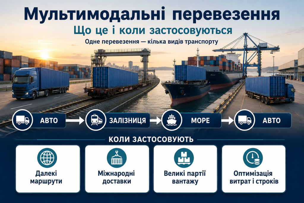 Інфографіка про мультимодальні перевезення вантажів автомобільним, залізничним і морським транспортом