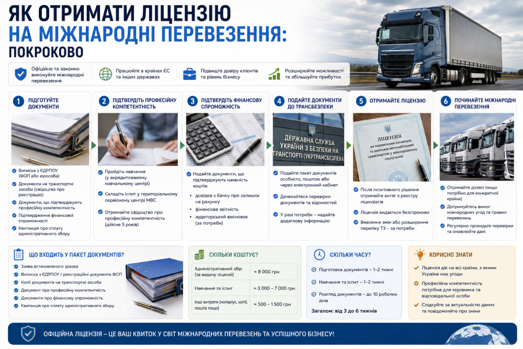 Покрокова інфографіка про отримання ліцензії на міжнародні автомобільні перевезення вантажів