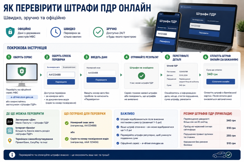 Інфографіка з покроковою інструкцією перевірки штрафів ПДР онлайн за номером автомобіля або документами