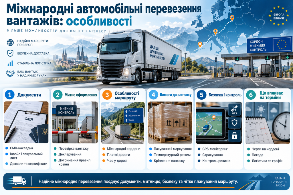 Інфографіка про міжнародні автомобільні вантажні перевезення, документи, митне оформлення, маршрут, безпеку та строки доставки