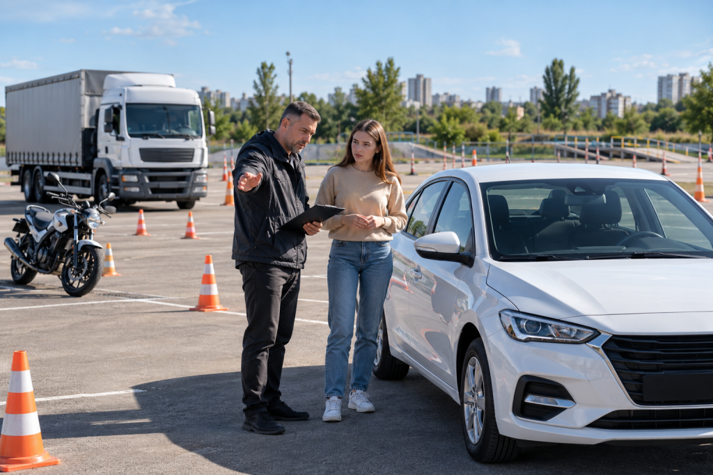 Інструктор автошколи пояснює молодій дівчині правила практичного водіння на навчальному майданчику, поруч стоять легковий автомобіль, мотоцикл і вантажівка.