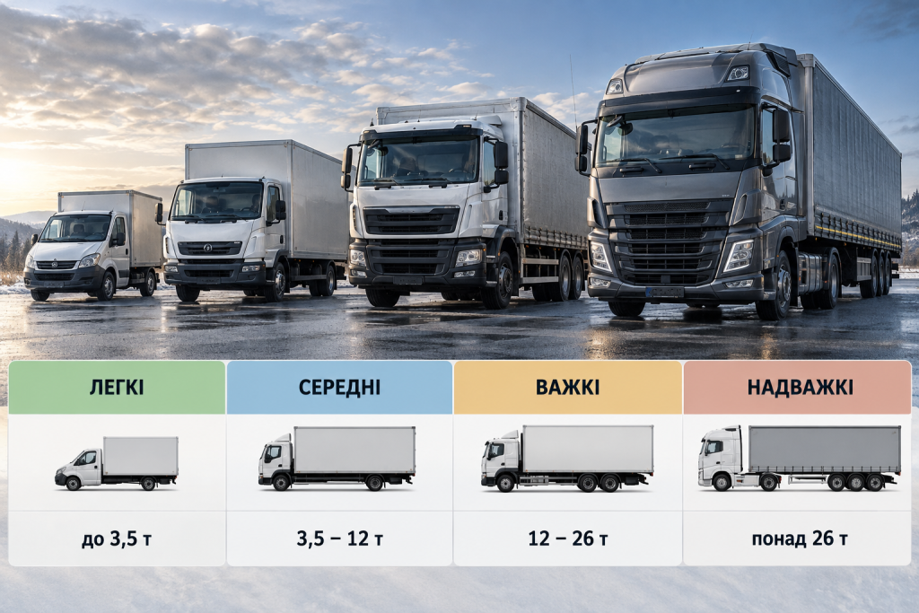 Інфографіка з класифікацією вантажних автомобілів за тоннажем: легкі, середні, важкі та надважкі вантажівки.