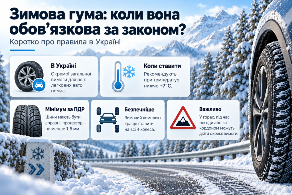 Інфографіка про зимову гуму в Україні, правила використання зимових шин, рекомендовану температуру та вимоги до протектора.