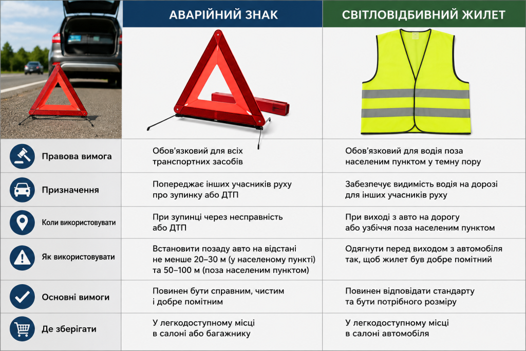 Таблиця про аварійний знак і світловідбивний жилет для автомобіля з правилами використання та зберігання