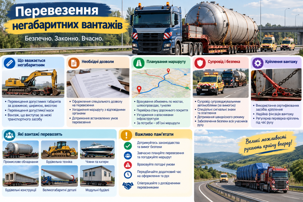 Інфографіка про перевезення негабаритних вантажів, необхідні дозволи, планування маршруту, супровід, кріплення та вимоги безпеки.