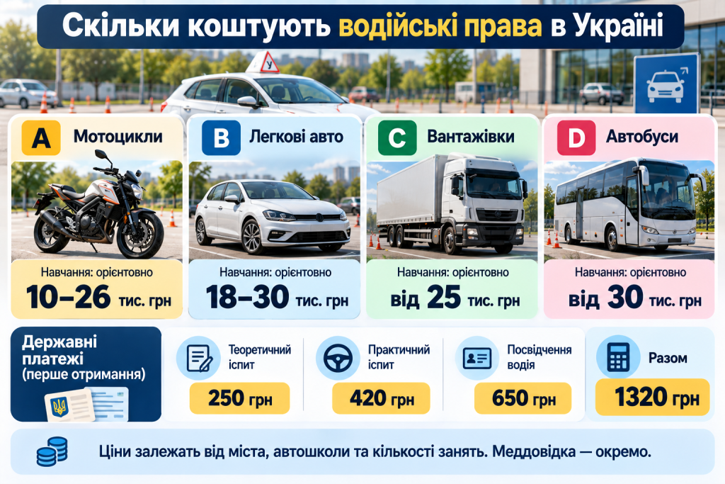 Інфографіка з орієнтовною вартістю навчання на водійські права різних категорій в Україні та державними платежами за складання іспитів і видачу посвідчення водія.
