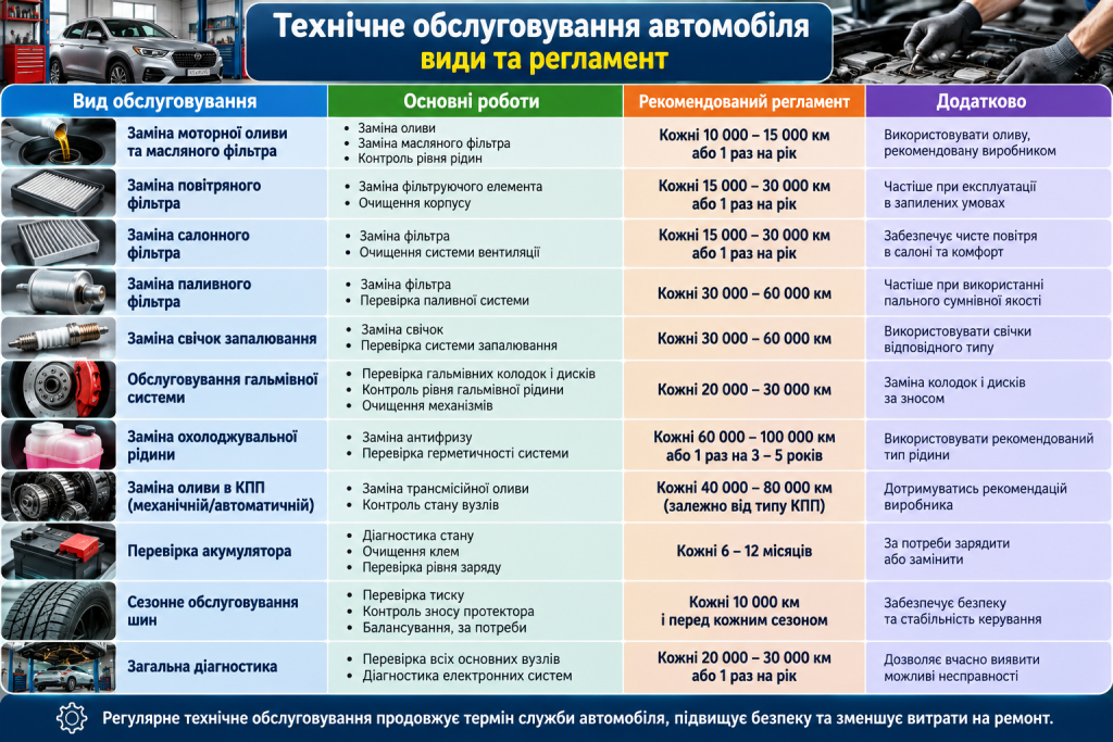 Таблиця з видами технічного обслуговування автомобіля, основними роботами та рекомендованими інтервалами заміни деталей і рідин