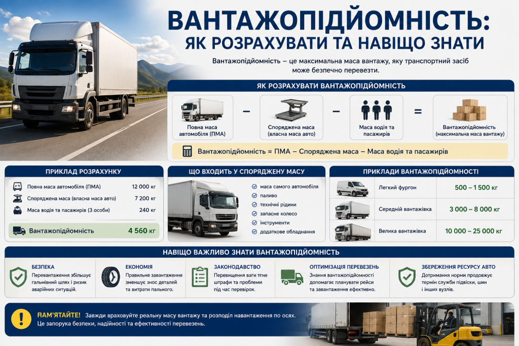 Інфографіка з формулою розрахунку вантажопідйомності автомобіля, прикладом обчислення та допустимою масою вантажу