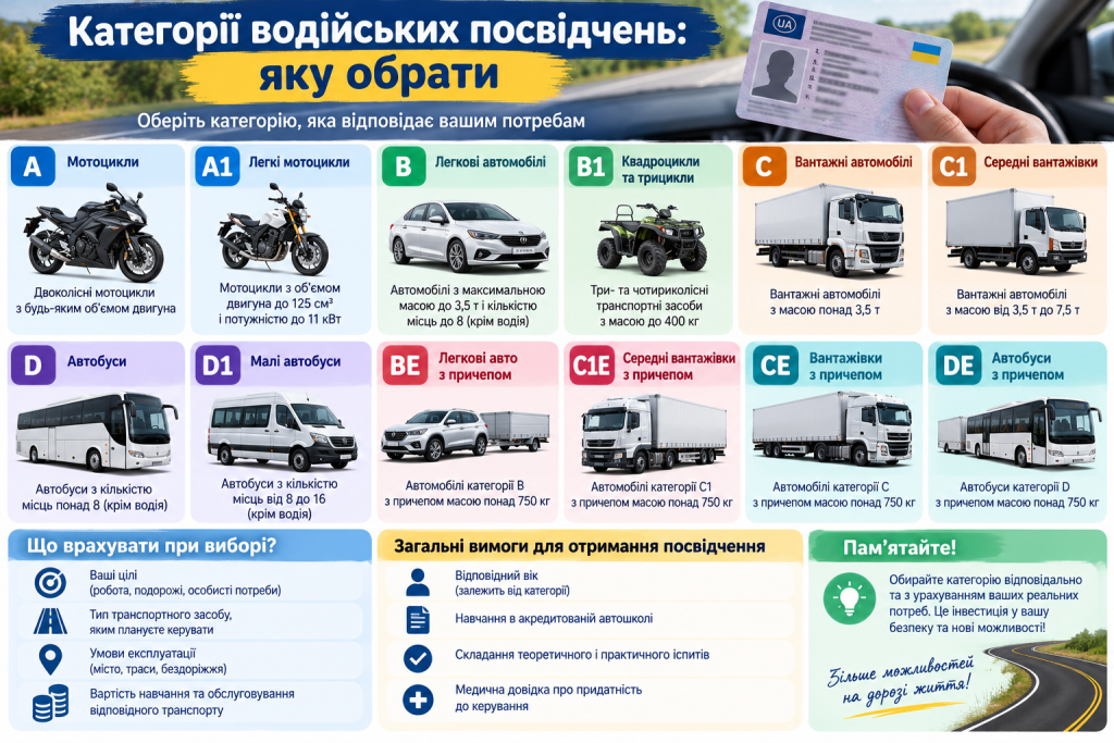 Інфографіка про категорії водійських посвідчень A, B, C, D та категорії з причепом із прикладами відповідних транспортних засобів.